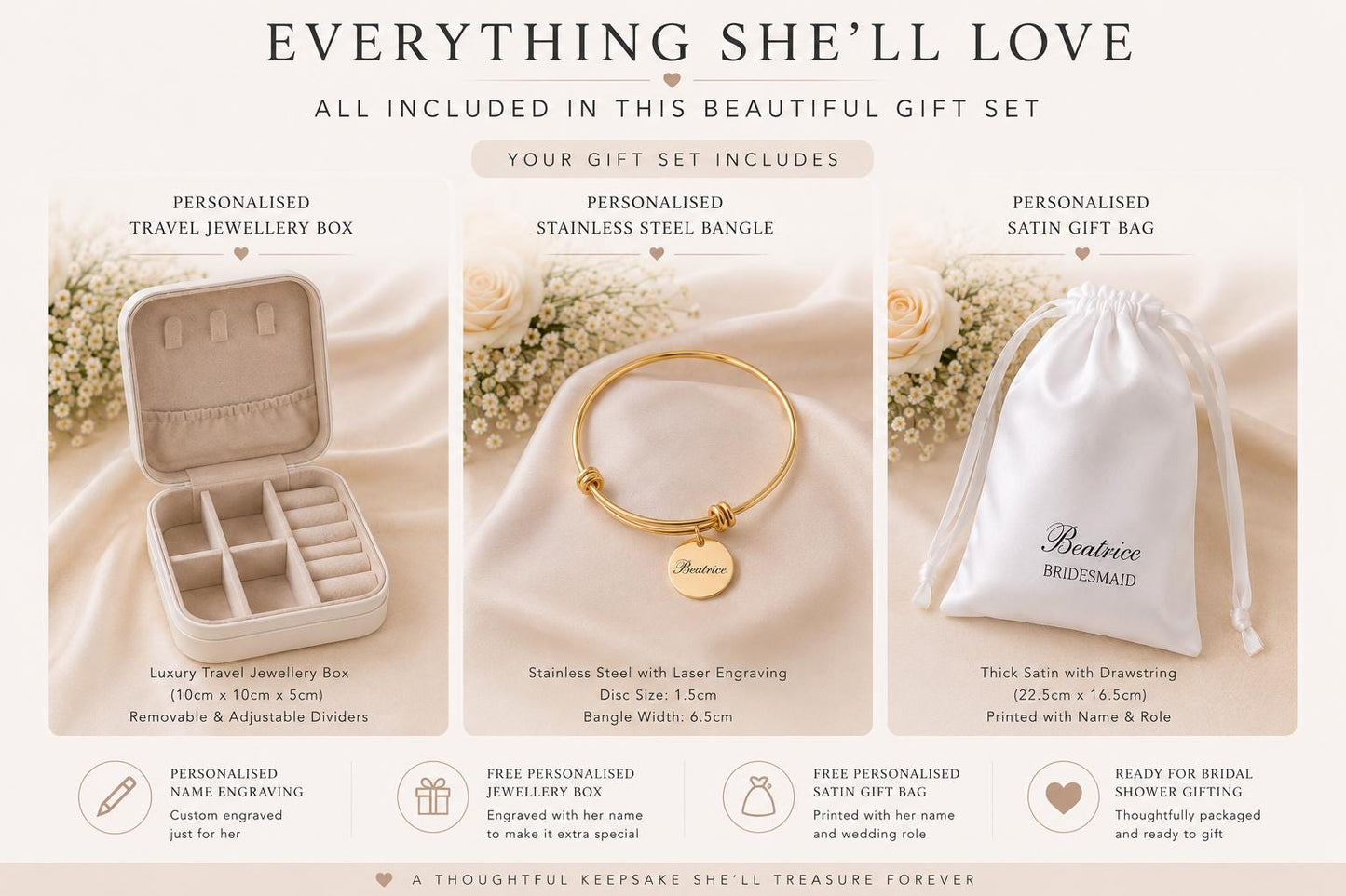 Personalised Bridesmaid Gift Set, Custom Name Bracelet, Jewellery Box, Bridal Party Thank You
