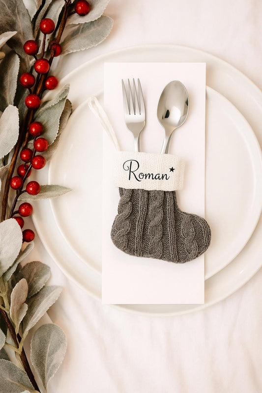 Personalized silver and grey Christmas name Place Setting: Holiday Table Decor