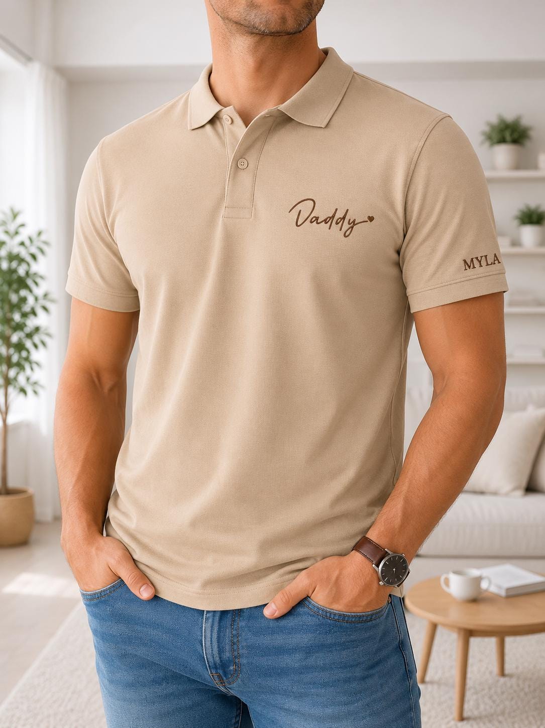 Personalised Dad Short Sleeve T Shirt - Customized child Name - Kids Name - Sleeve Embroidery