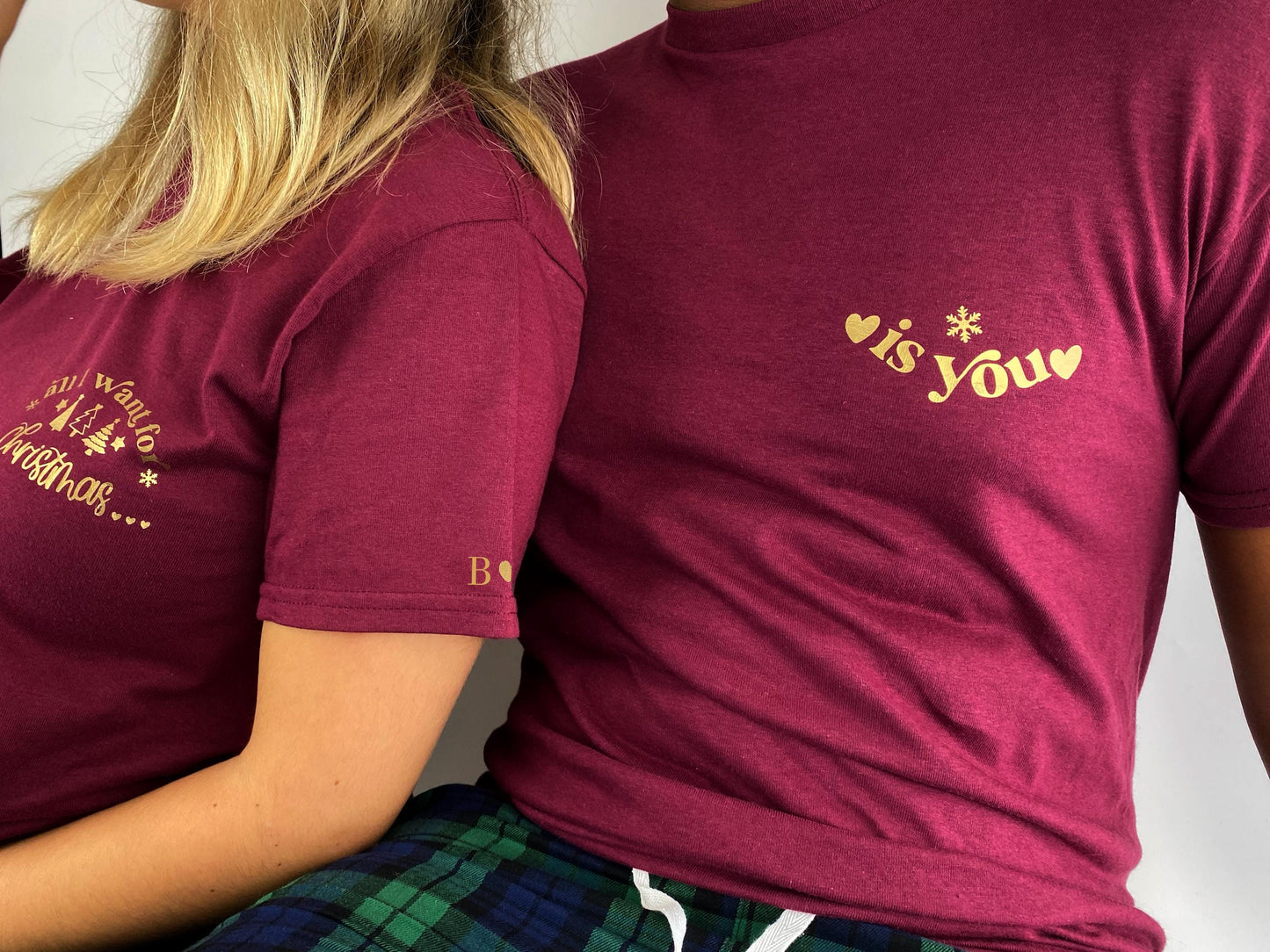 Couples Christmas Pyjamas: Burgundy Shirts, Tartan Flannel Bottoms, Personalized Initial Sleeve