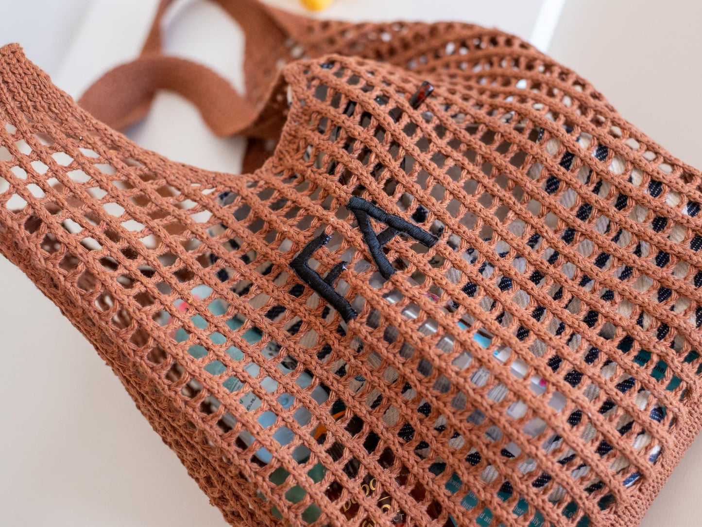 Crochet Market Tote with Initials – Personalized Cotton Mesh Bag
