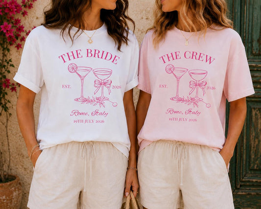 Custom Bridesmaid t-shirts matching pink, the bride, the crew, personalised wedding date and destination