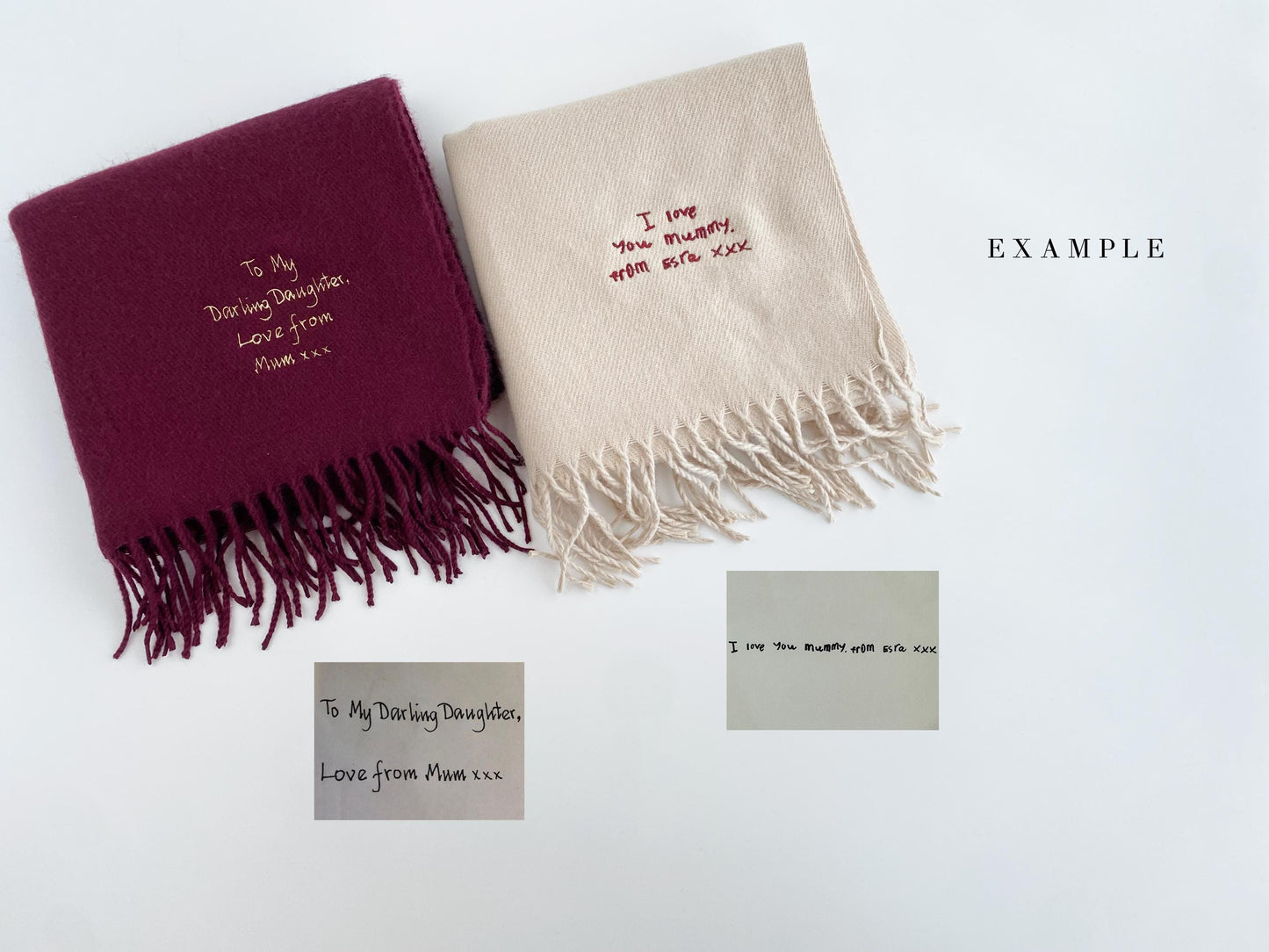 Embroidered Handwriting Scarf: Custom Wool Scarf, Sentimental Gift