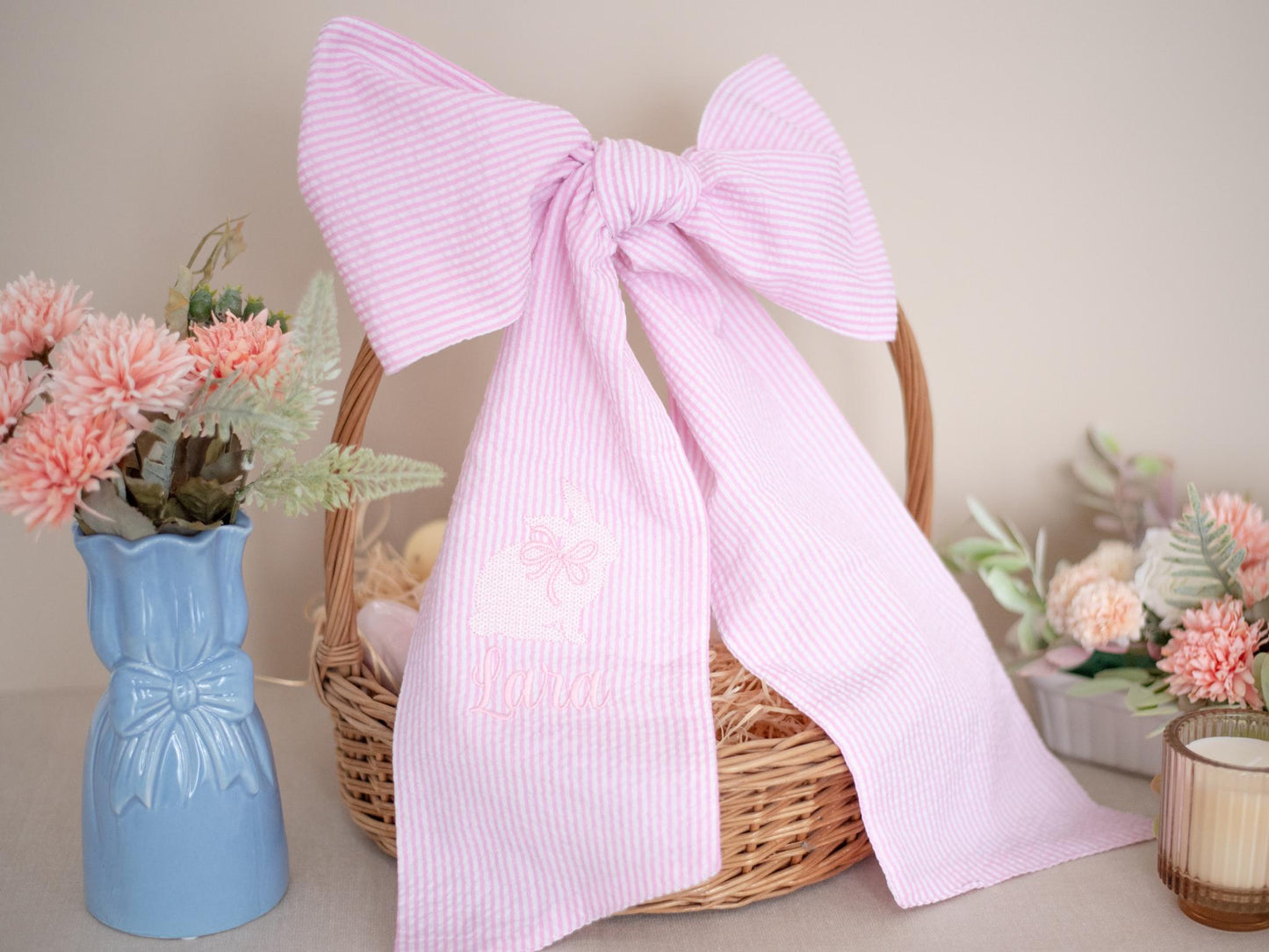 Embroidered Easter Basket Sash: Custom Seersucker Bow