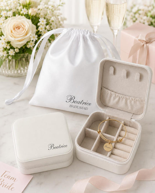 Personalised Bridesmaid Gift Set, Custom Name Bracelet, Jewellery Box, Bridal Party Thank You