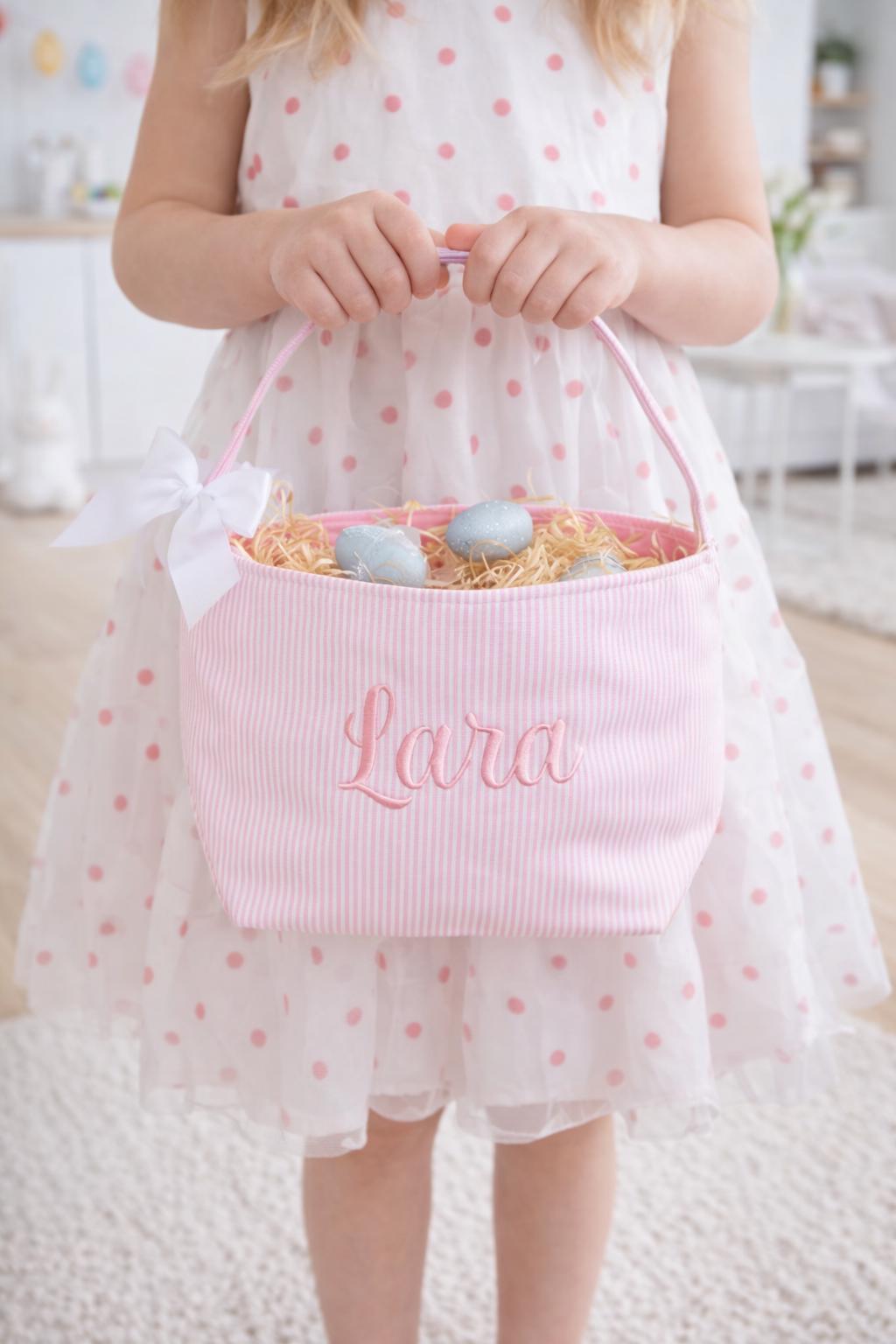 Personalized Kids Easter Basket: Embroidered Seersucker Fabric