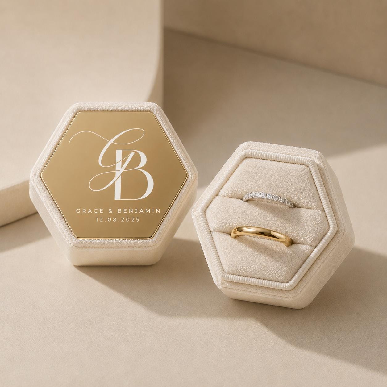 Wedding Ring Box with Custom Monogram | Bespoke Wedding Logo Service | Velvet Hexagon Band holder