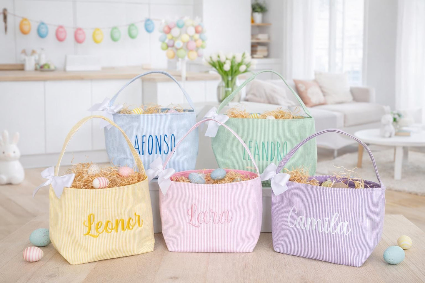 Personalized Easter Basket: Embroidered Seersucker Bunny Bucket