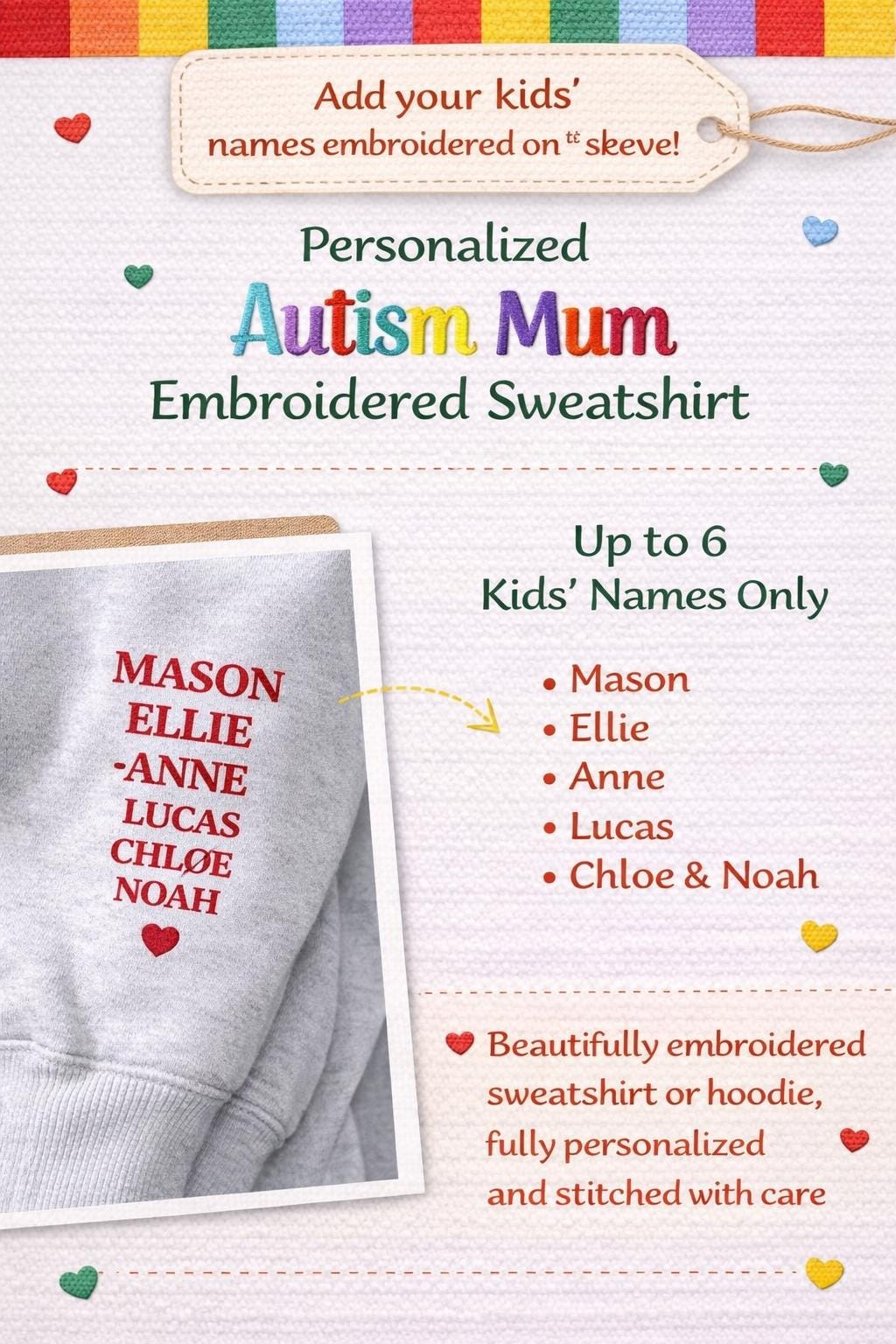 Personalised Autism Mama Embroidered Sweatshirt, Custom Kids Names Sleeve Hoodie