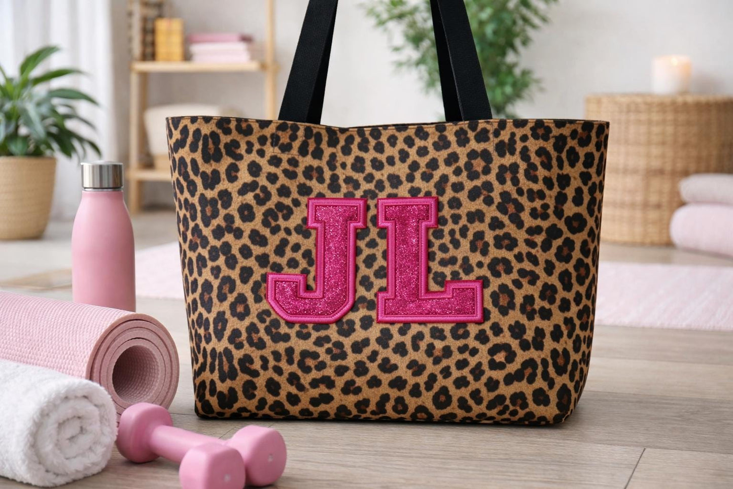 Tote shopper Bag: Personalised, custom, leopard print, glitter Embroidered appliqué initials
