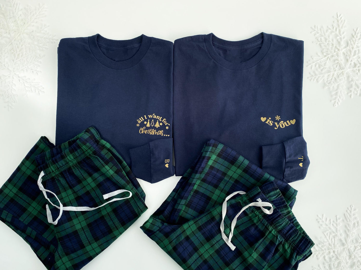 Matching long sleeve Christmas Couples Pyjamas: Tartan, Personalized Initials on sleeve