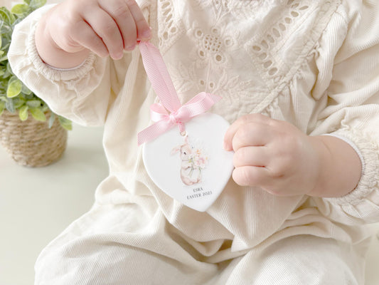 Personalized Easter Ornament: Ceramic Heart Gift Tag, Bunny Decor