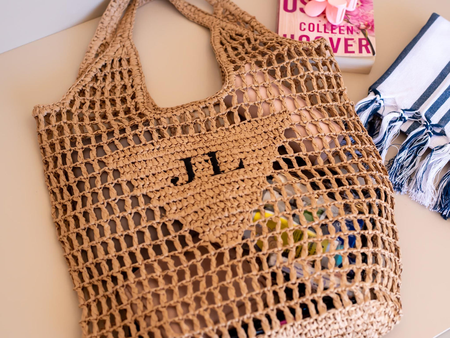Personalized Raffia Beach Tote: Embroidered Initial Monogram