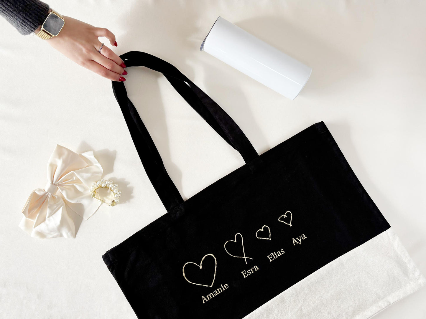 Custom Heart Drawing Tote Bag: Embroidered Organic Cotton Canvas
