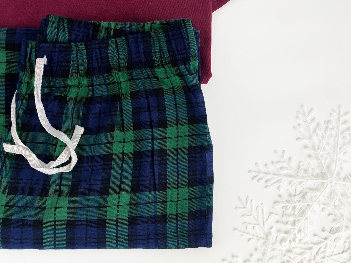 Couples Christmas Pyjamas: Burgundy Shirts, Tartan Flannel Bottoms, Personalized Initial Sleeve