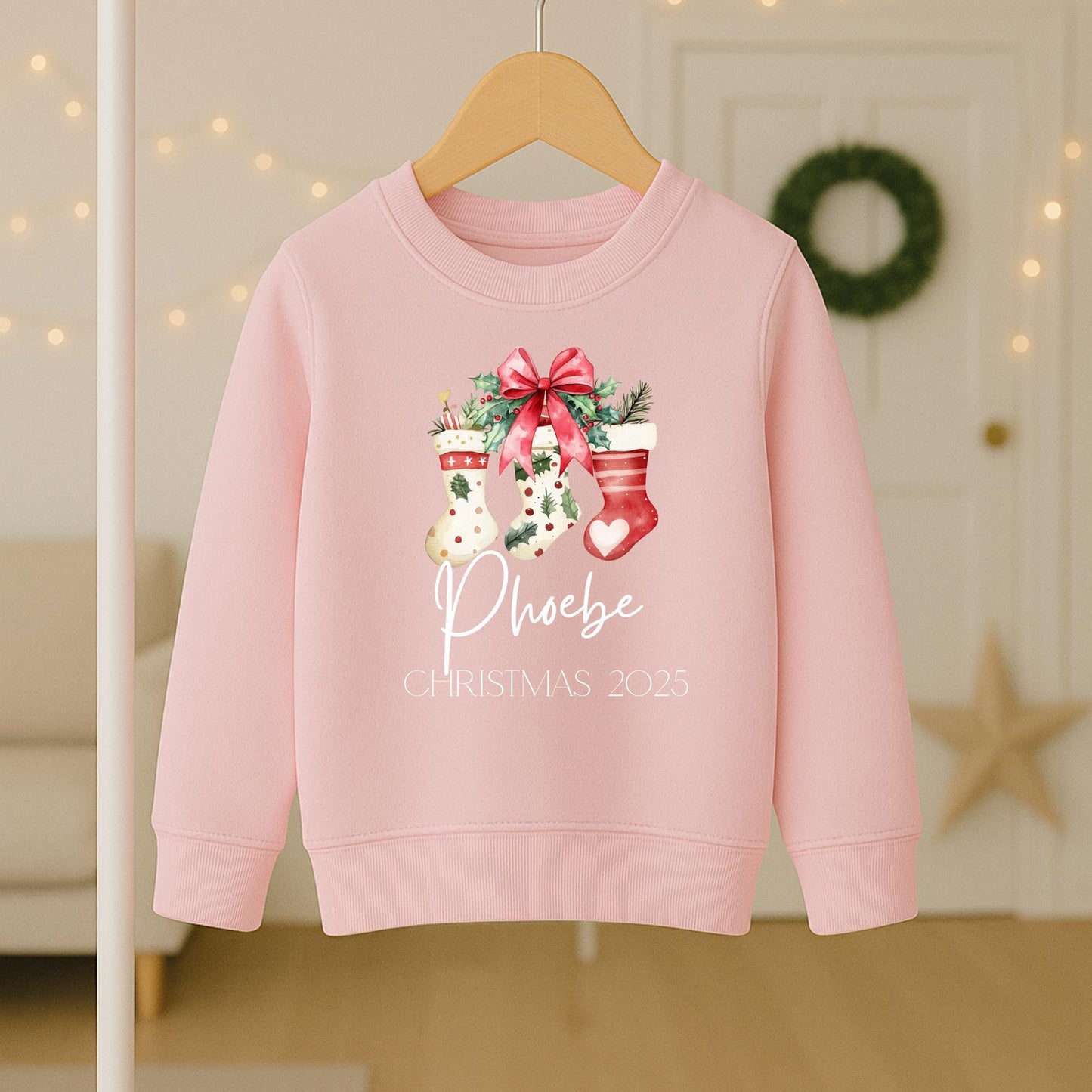 Personalized Christmas Jumper, Kids Xmas Sweater, Red Bow & Stocking