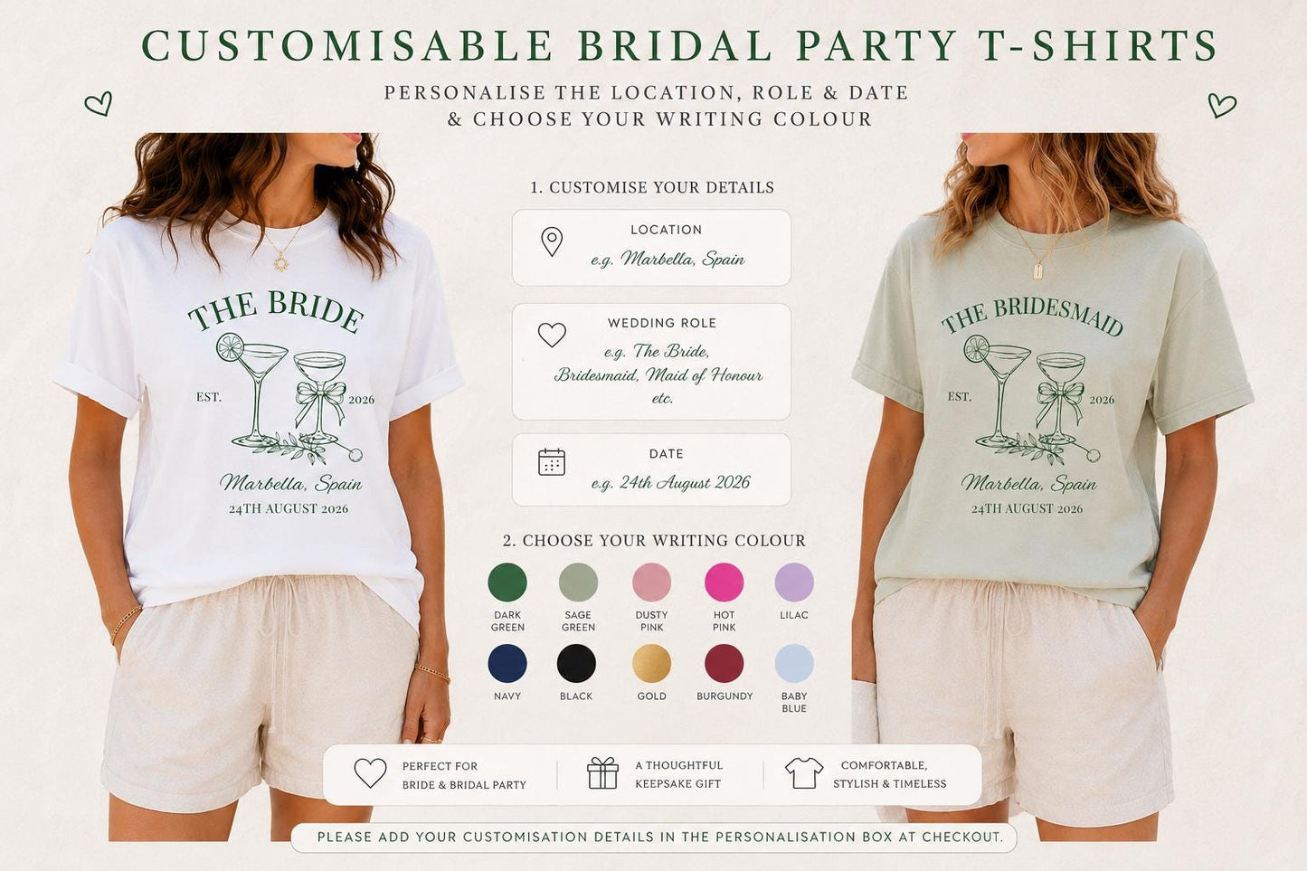 Custom Bridesmaid t-shirts matching pink, the bride, the crew, personalised wedding date and destination