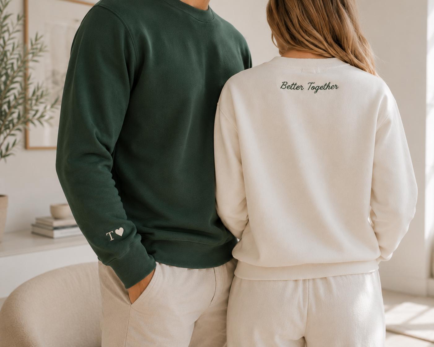 Handmade Embroidered Initial Heart sleeve t shirt,  sweater, Personalized anniversary Sweatshirt, Embroidered Couples matching
