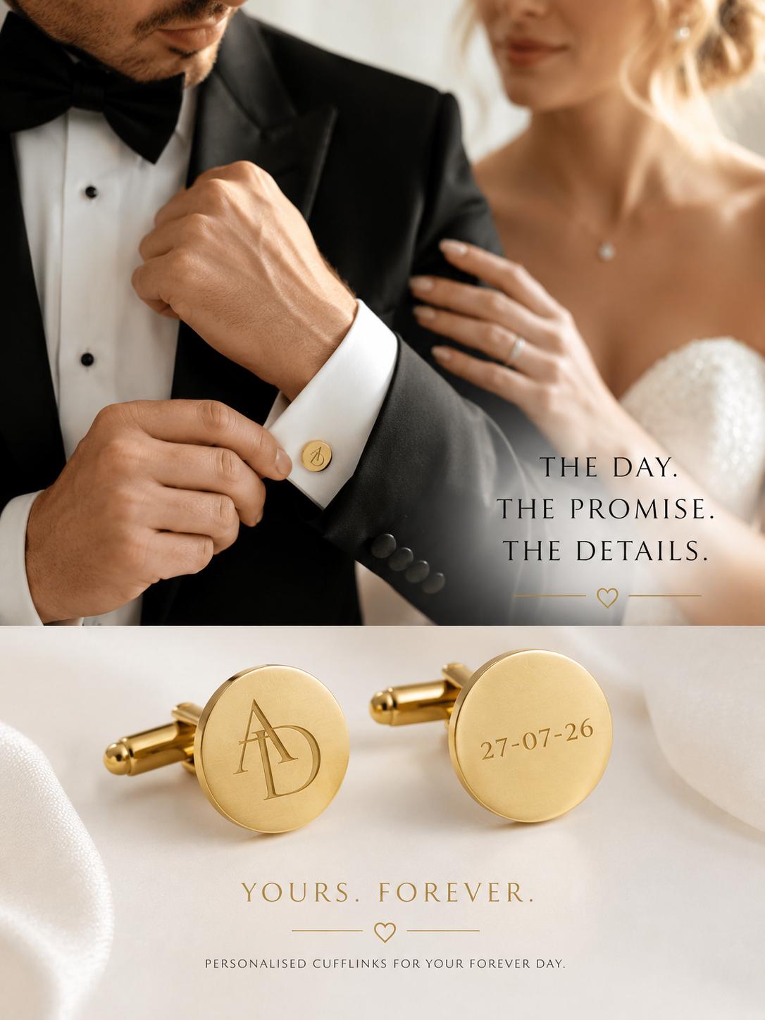 Personalised Monogram & Date Engraved Cufflinks, gold and silver cuff links square or round