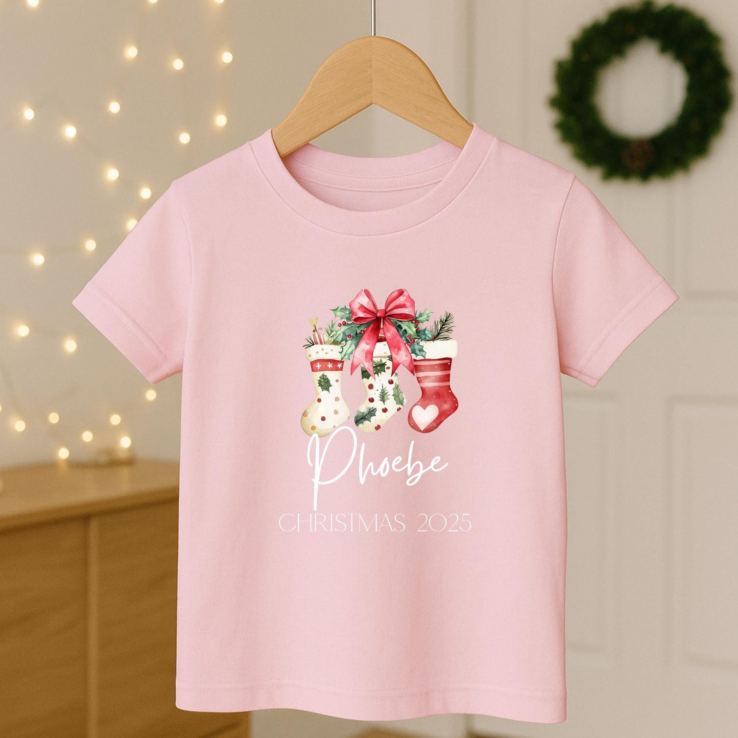 Personalized Christmas Jumper, Kids Xmas Sweater, Red Bow & Stocking
