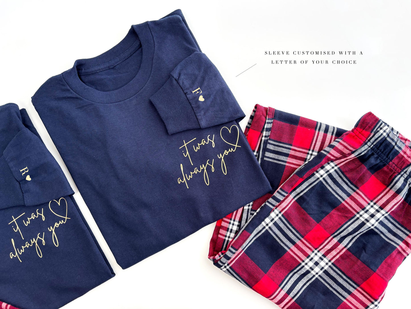 Matching Couples Christmas Pajamas: Tartan Flannel, Personalized Initials
