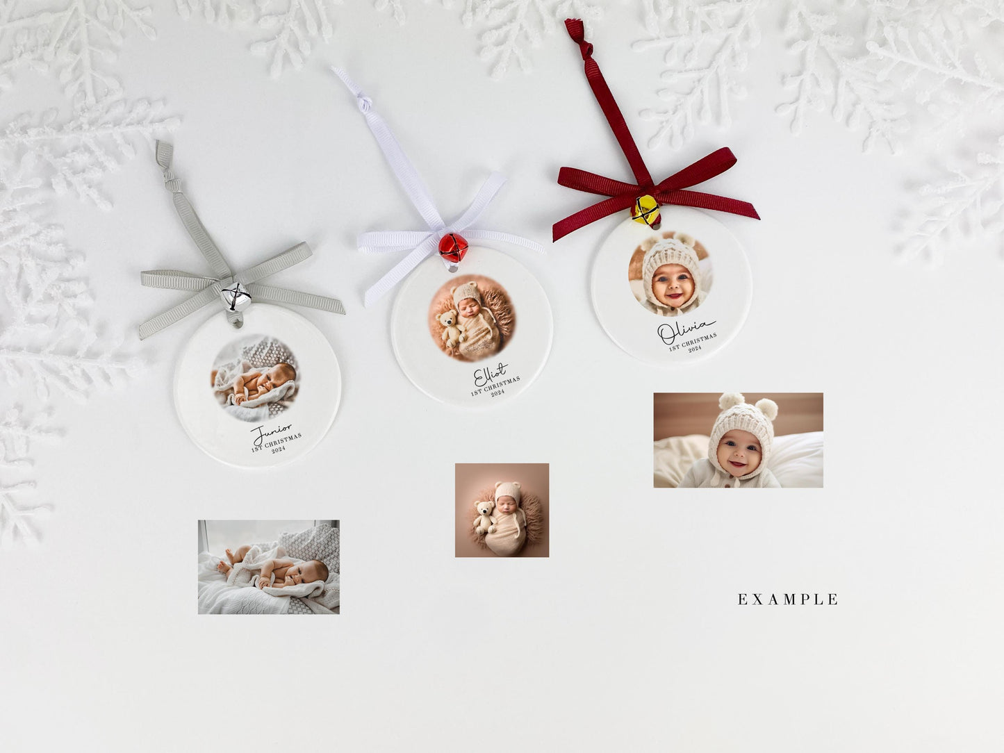 Personalized Baby's First Christmas Ornament: Watercolor Photo Ceramic Bauble