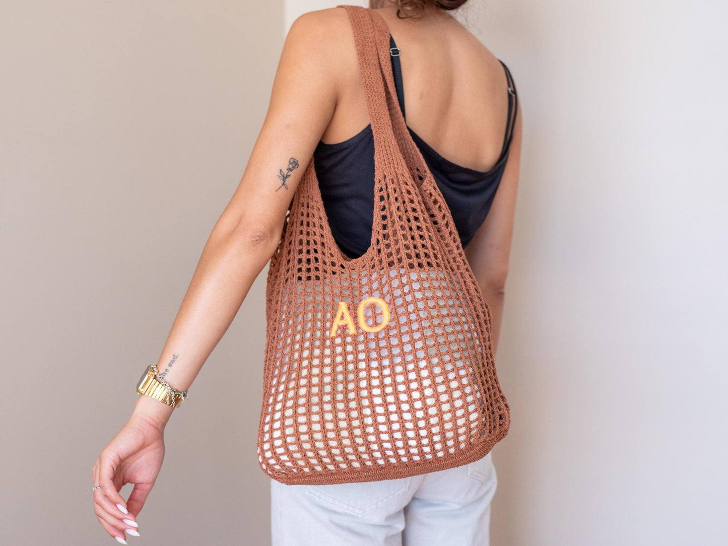 Crochet Market Tote with Initials – Personalized Cotton Mesh Bag