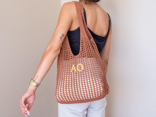 Crochet Market Tote with Initials – Personalized Cotton Mesh Bag