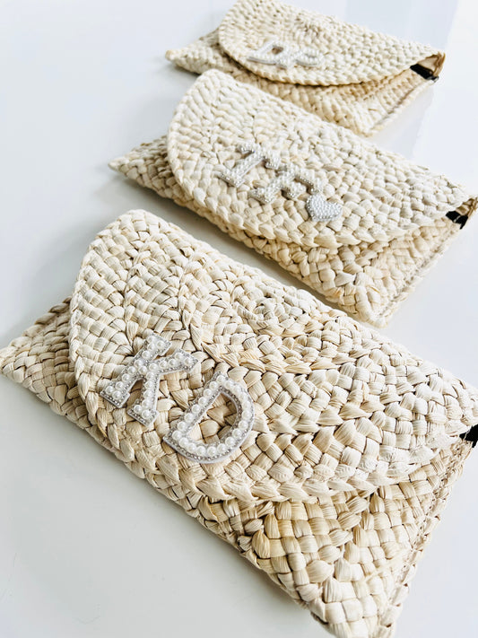 Personalized Straw Clutch | Bridesmaid Gift, Initial Pearl Detail