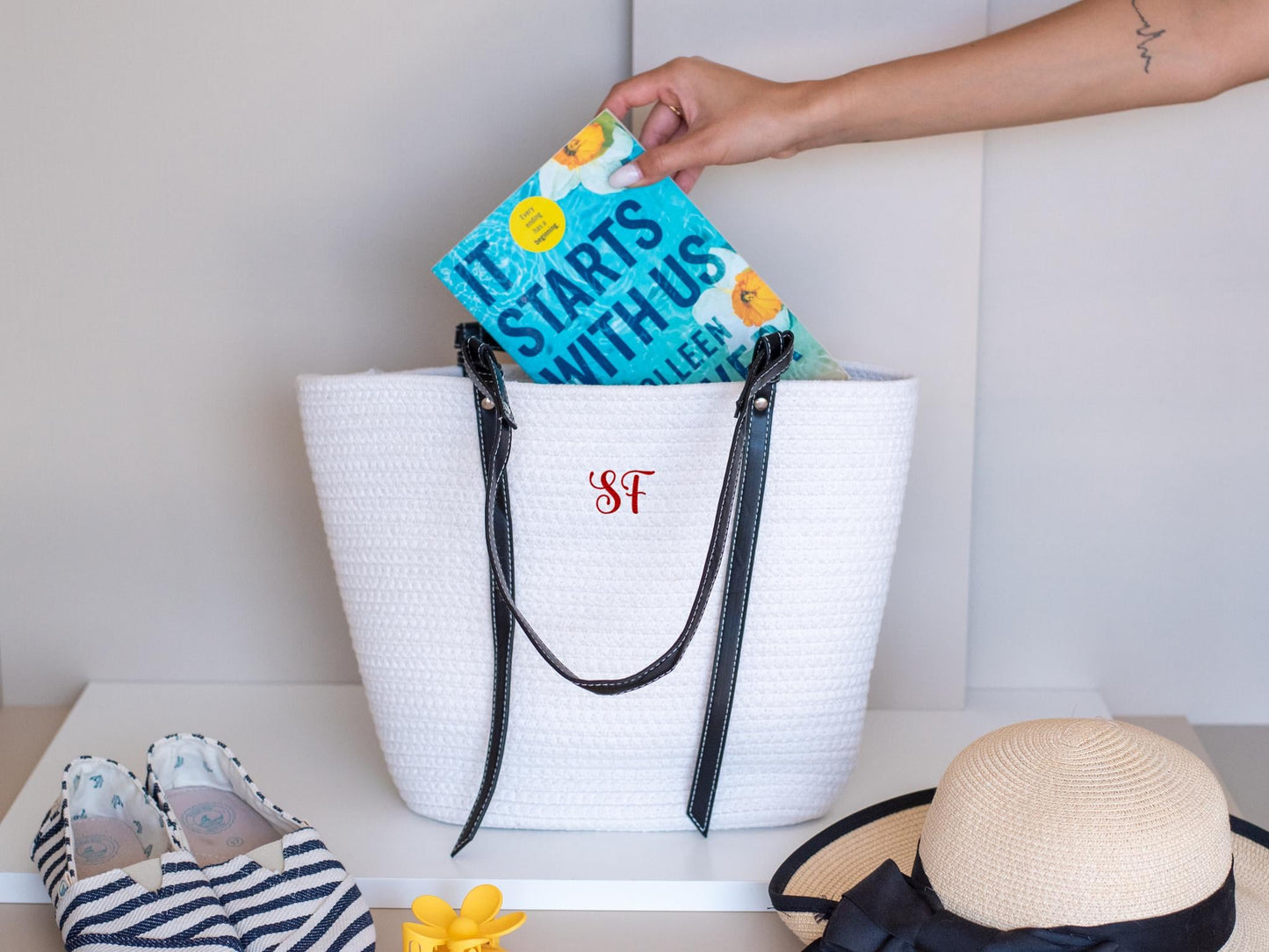 Personalized Cotton Tote Bag – Custom Embroidered Initial Beach Tote