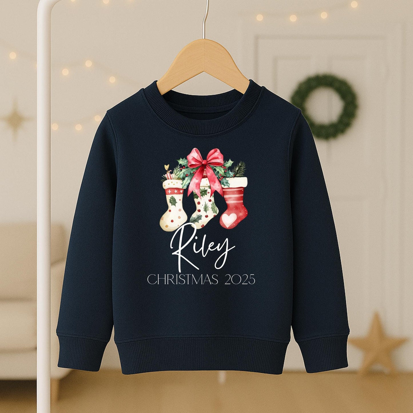 Personalized Christmas Jumper, Kids Xmas Sweater, Red Bow & Stocking