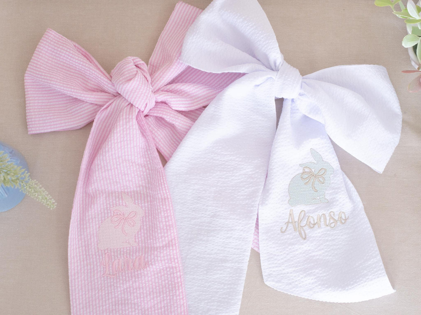 Embroidered Easter Basket Sash: Custom Seersucker Bow