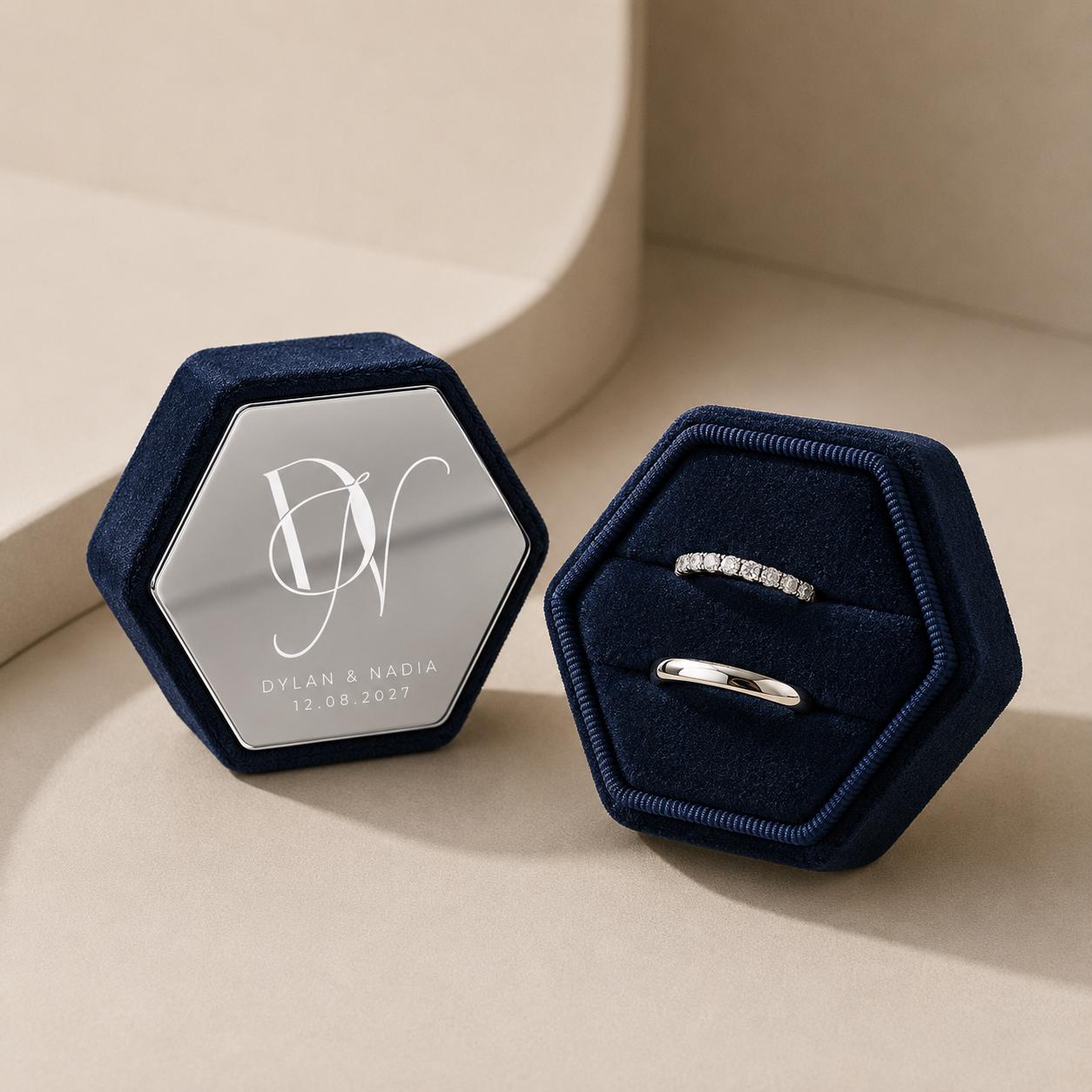 Wedding Ring Box with Custom Monogram | Bespoke Wedding Logo Service | Velvet Hexagon Band holder