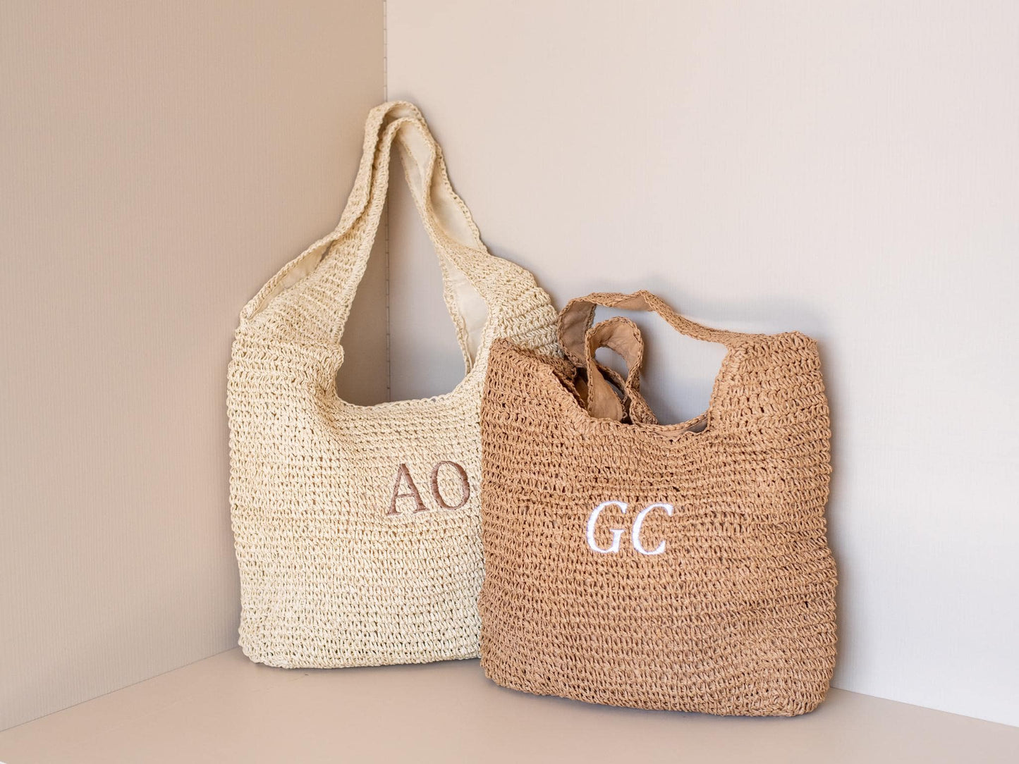 Personalized Embroidered Raffia Beach Shoulder Bag - Custom Straw & Hessian Tote