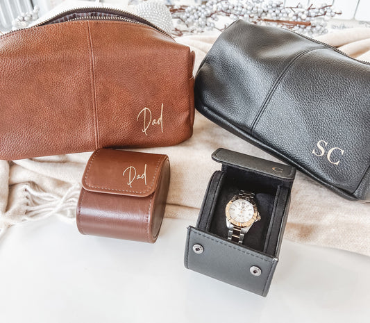 Personalized Faux Leather Men's Toiletry Bag & Watch Box Set