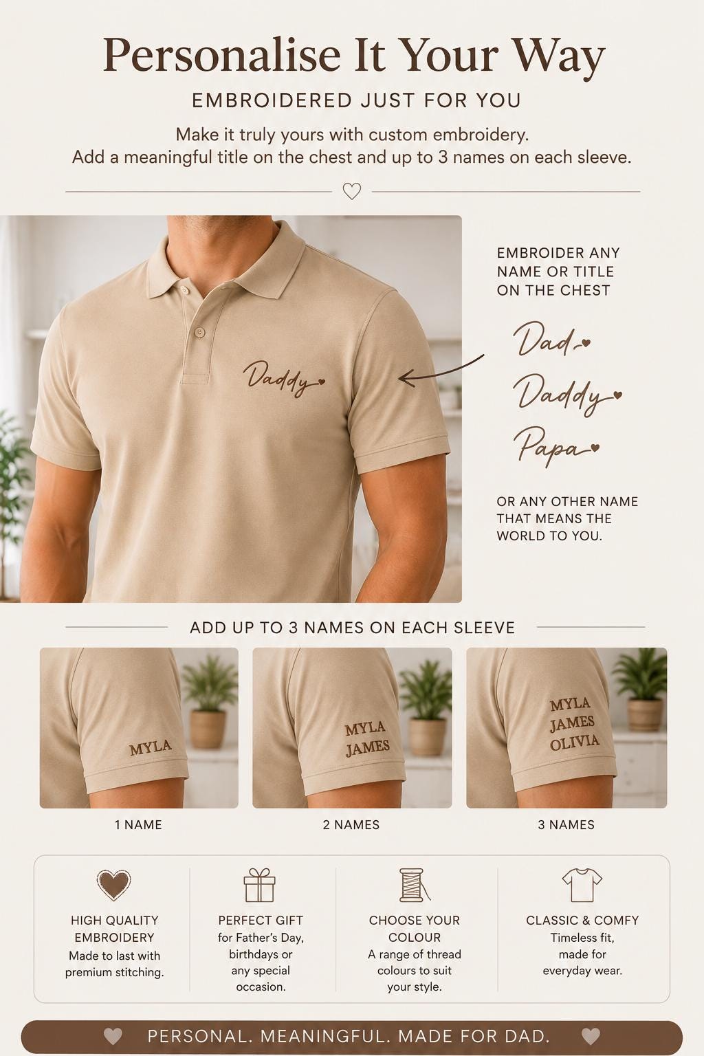 Personalised Dad Short Sleeve T Shirt - Customized child Name - Kids Name - Sleeve Embroidery