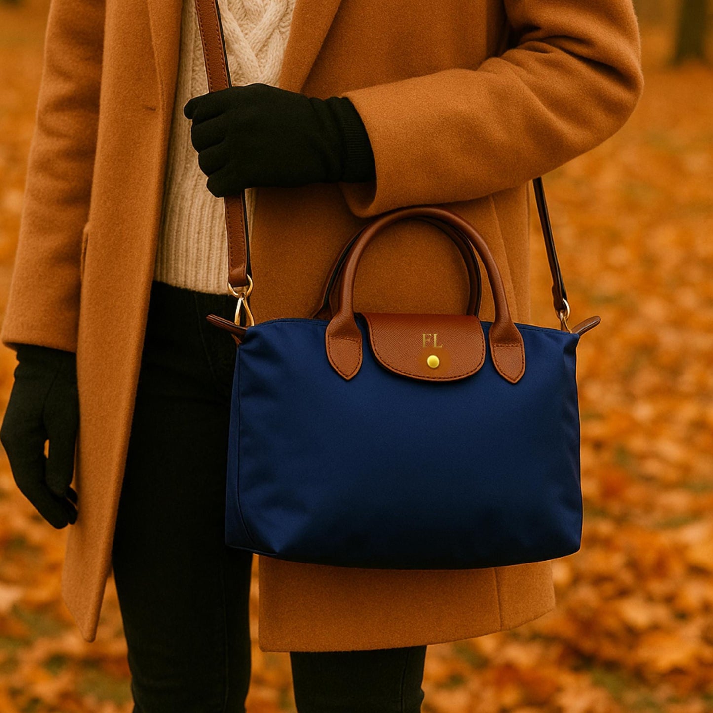 Personalized Nylon Shoulder Bag, Foldable Tote, Custom Initials