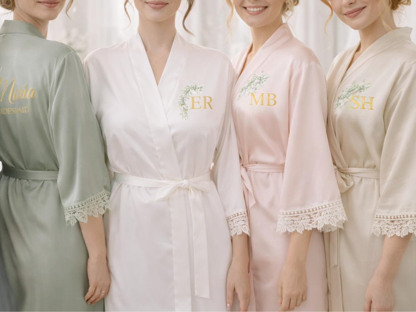 Personalized Satin Lace Bridal Robe, Bridesmaid Kimono, Wedding Party Gift