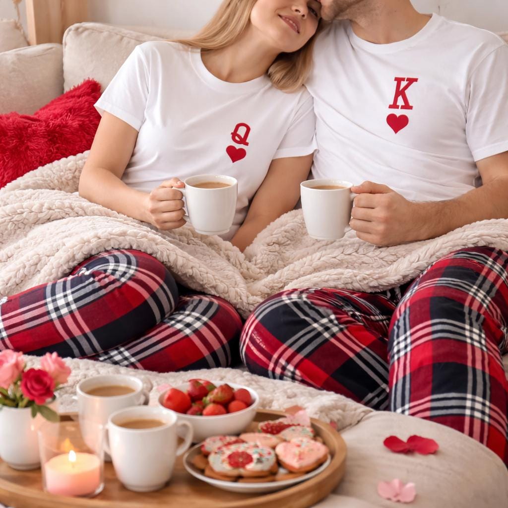 King and Queen of Hearts Matching Couple Pyjamas, Tartan Flannel Set