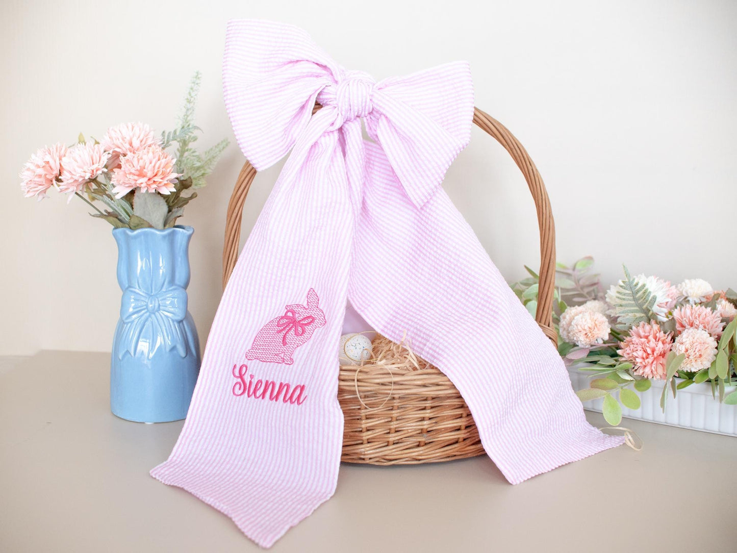 Embroidered Easter Basket Sash: Custom Seersucker Bow