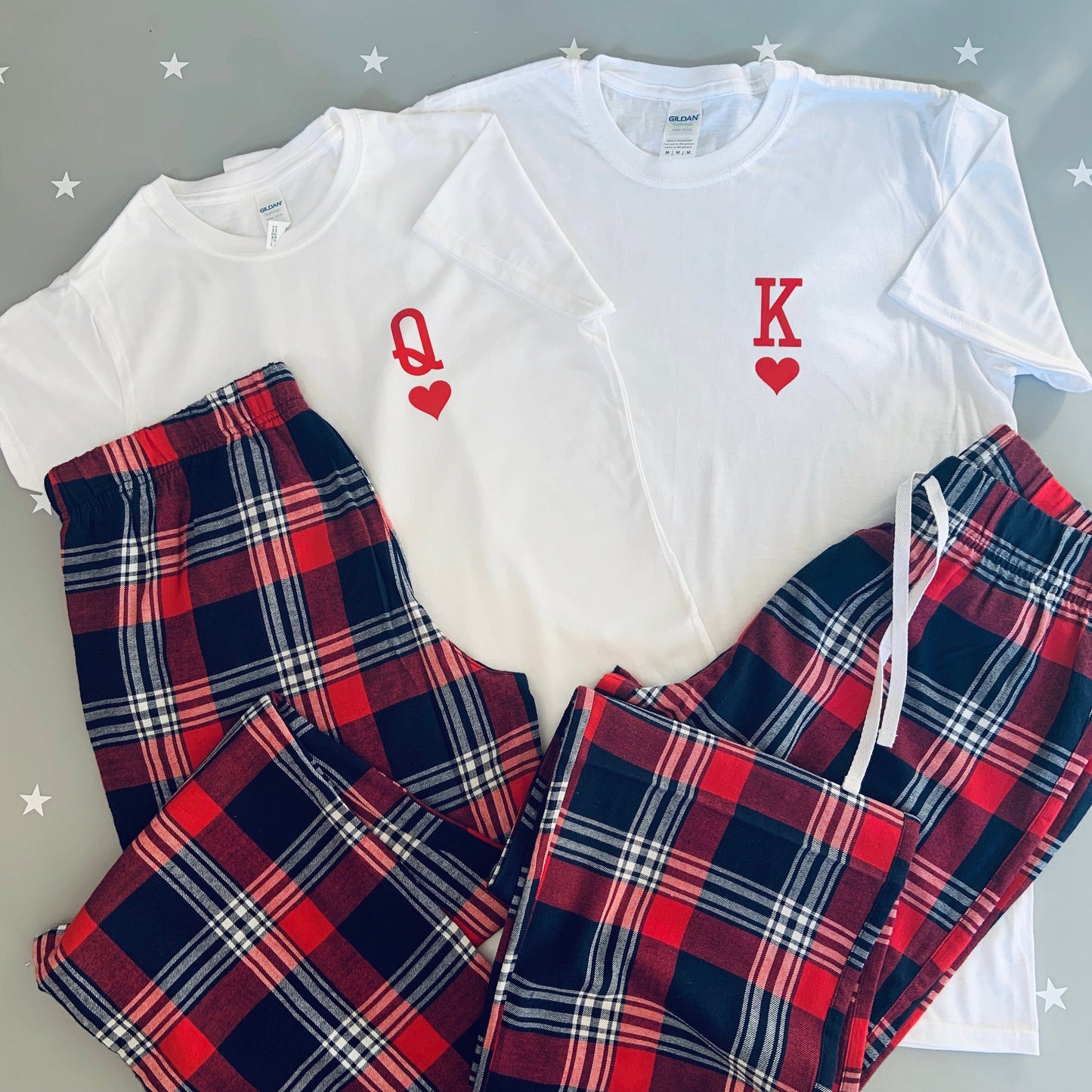 Matching Couple Pajamas: King & Queen T-Shirts, Tartan Flannel Bottoms