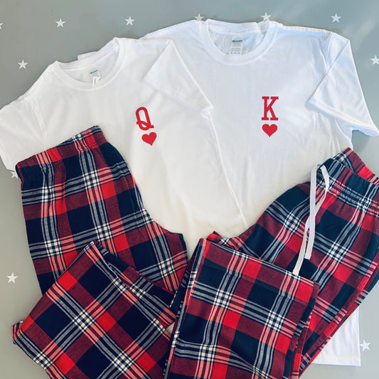Matching Couple Pajamas: King & Queen T-Shirts, Tartan Flannel Bottoms