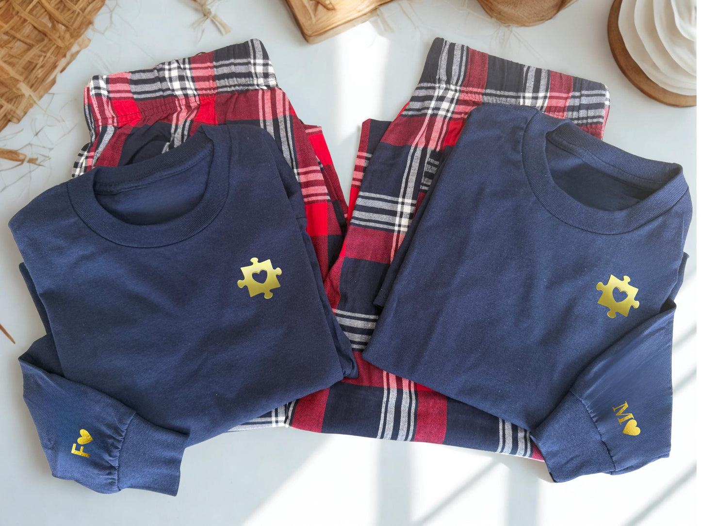 Matching Couples Flannel Pajama Set: Puzzle Piece Design, Initialed Sleeve