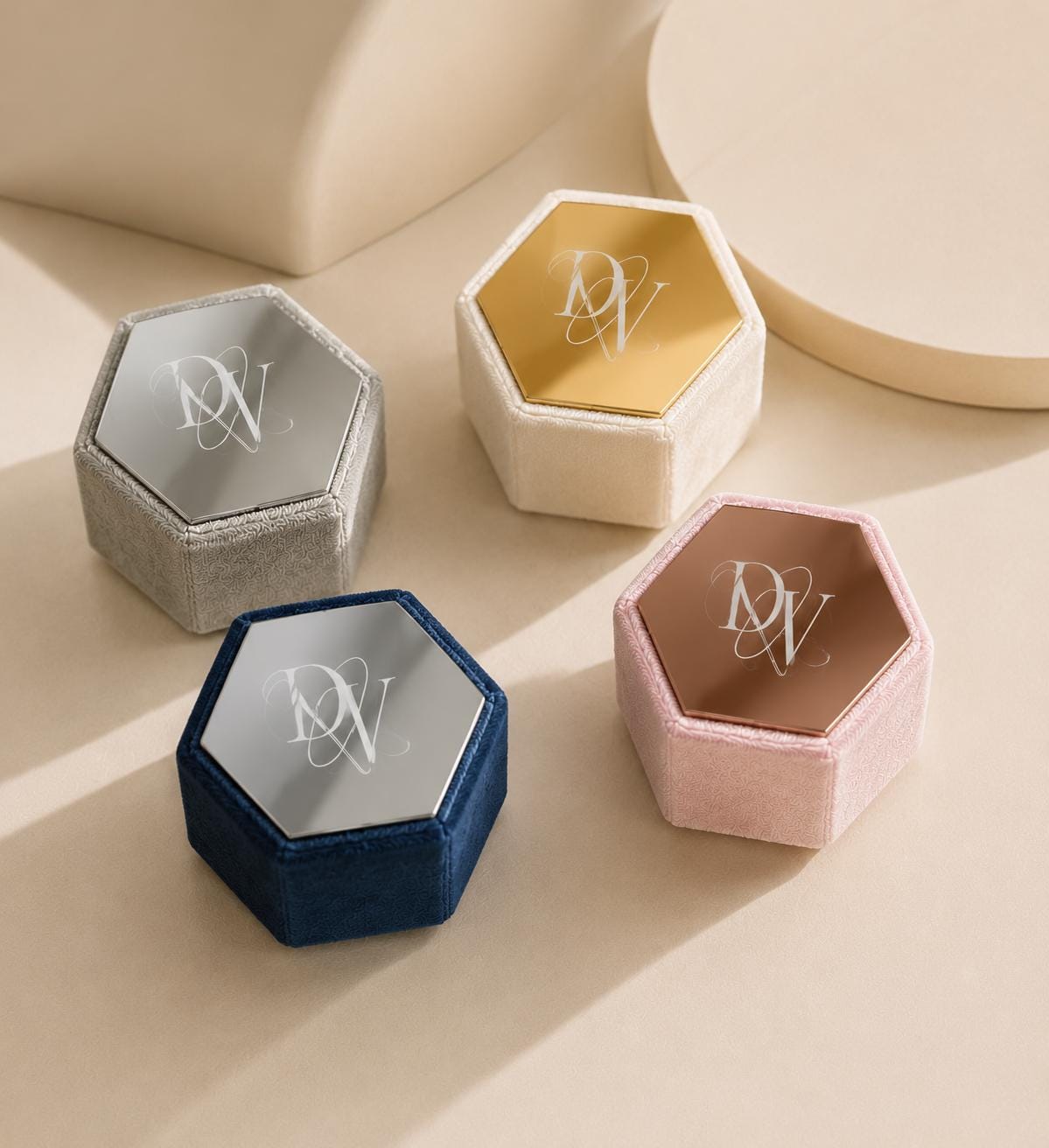 Wedding Ring Box with Custom Monogram | Bespoke Wedding Logo Service | Velvet Hexagon Band holder