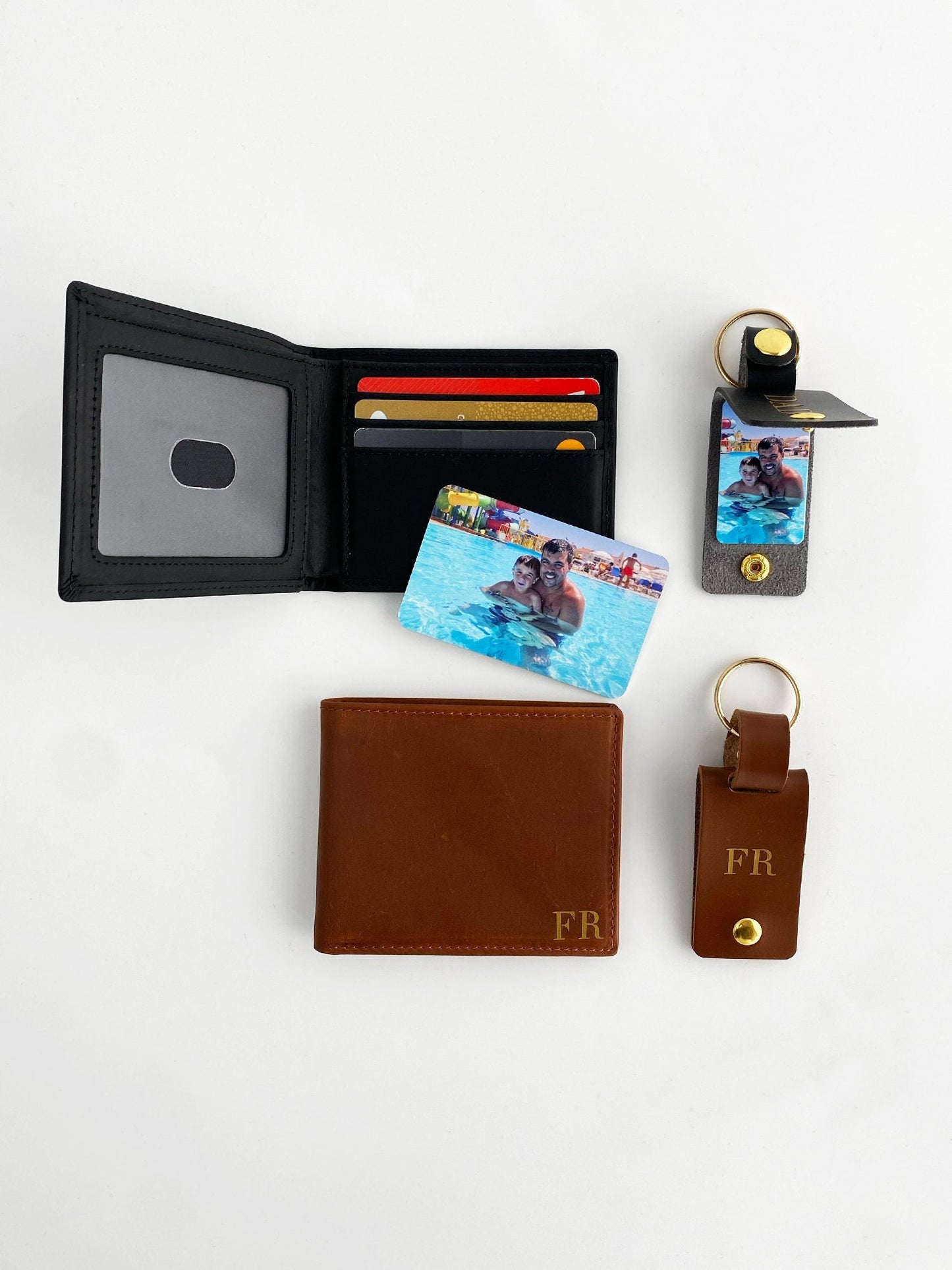 Engraved Faux Leather Wallet Set: Personalized Photo Card & Keyring