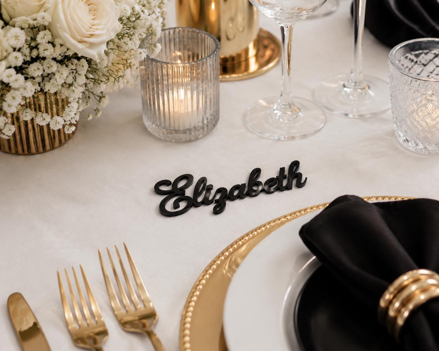 Personalized Acrylic Wedding Name Place Cards, Gold Mirror, Frosted, Black, White Names