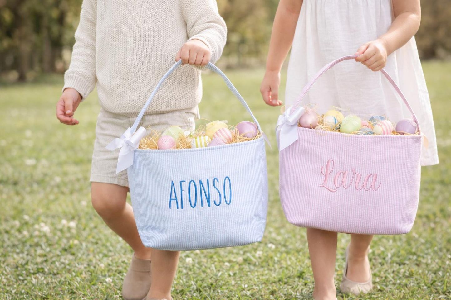 Personalized Easter Basket: Embroidered Seersucker Bunny Bucket