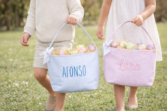 Personalized Easter Basket: Embroidered Seersucker Bunny Bucket
