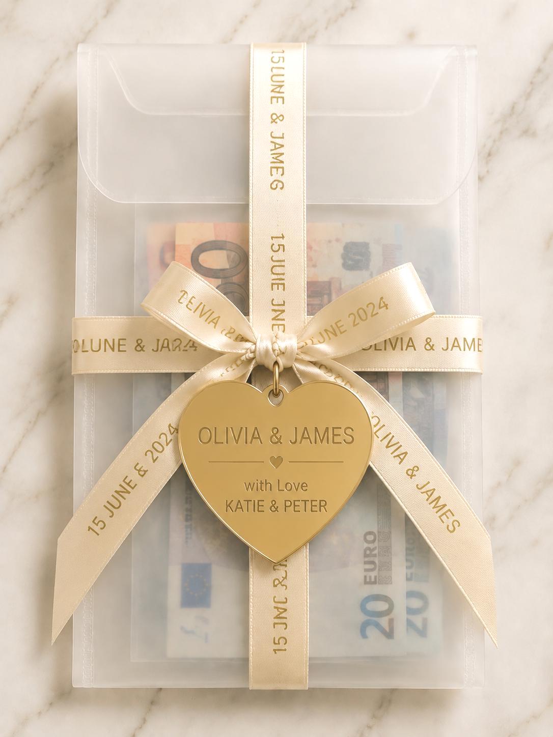 Personalised Wedding Money Envelope | Cash Wallet, Engraved Heart, Ribbon Detail