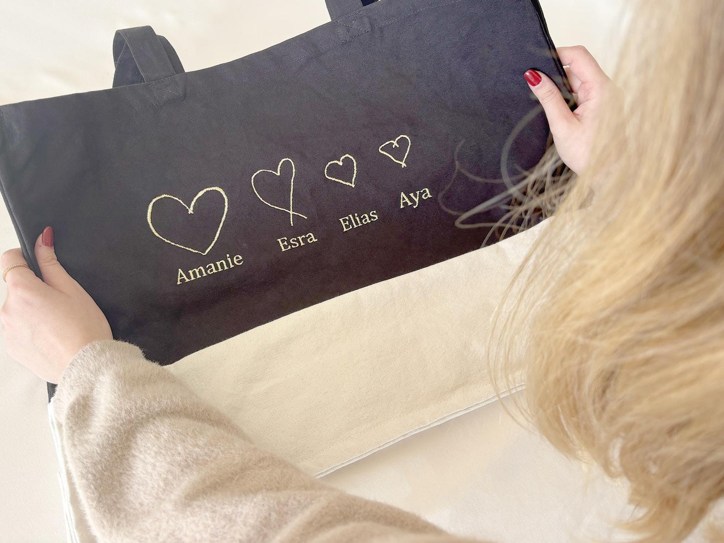 Custom Heart Drawing Tote Bag: Embroidered Organic Cotton Canvas